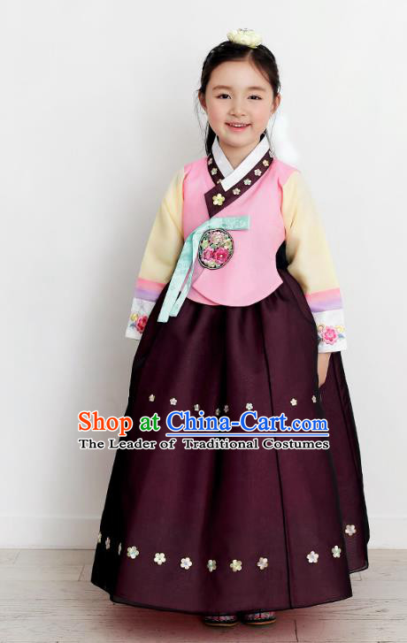 Asian Korean National Handmade Formal Occasions Wedding Bride Clothing Embroidered Pink Blouse and Purple Dress Palace Hanbok Costume for Kids