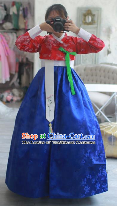 Korean National Handmade Formal Occasions Bride Clothing Hanbok Costume Embroidered Red Blouse and Blue Dress for Women