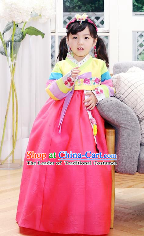 Asian Korean National Handmade Formal Occasions Wedding Girls Clothing Embroidered Yellow Blouse and Pink Dress Palace Hanbok Costume for Kids