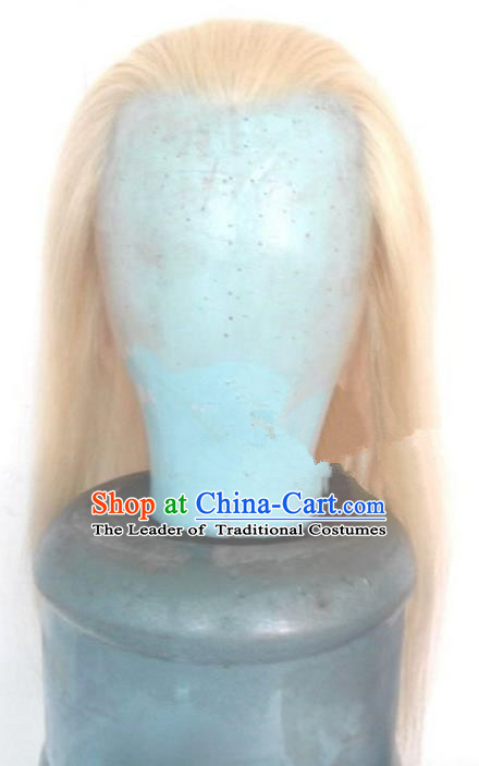 Chinese Ancient Opera Swordsman Old Men White Wig, Traditional Chinese Beijing Opera Taoist Priest Wig Sheath for Men