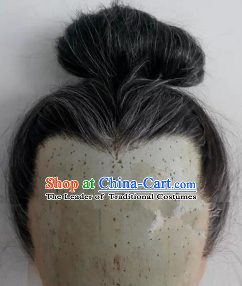 Chinese Ancient Opera Swordsman Old Men Gray Wig, Traditional Chinese Beijing Opera Taoist Priest Wig Sheath for Men
