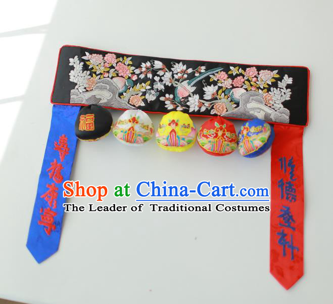 Traditional Korean Accessories Embroidered Birds Flowers Black Waist Belts, Asian Korean Fashion Waistband Decorations for Kids