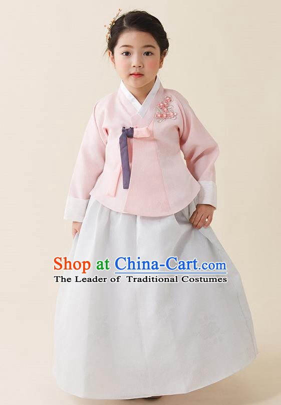 Asian Korean National Handmade Formal Occasions Wedding Girls Clothing Palace Hanbok Costume Embroidered Pink Blouse and White Dress for Kids