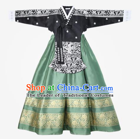 Asian Korean National Handmade Wedding Clothing Palace Bride Hanbok Costume Embroidered Black Blouse and Green Dress for Women