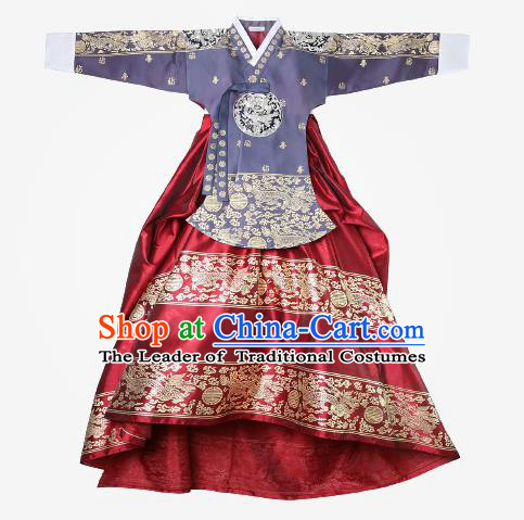 Top Grade Korean National Handmade Wedding Clothing Palace Bride Hanbok Costume Embroidered Purple Blouse and Red Dress for Women