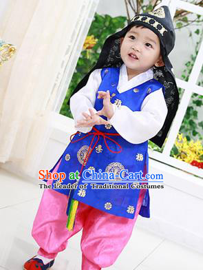 Asian Korean National Traditional Handmade Formal Occasions Boys Embroidery Blue Vest Hanbok Costume Complete Set for Kids
