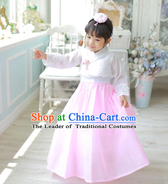 Korean National Handmade Formal Occasions Girls Clothing Palace Hanbok Costume Embroidered White Lace Blouse and Pink Dress for Kids