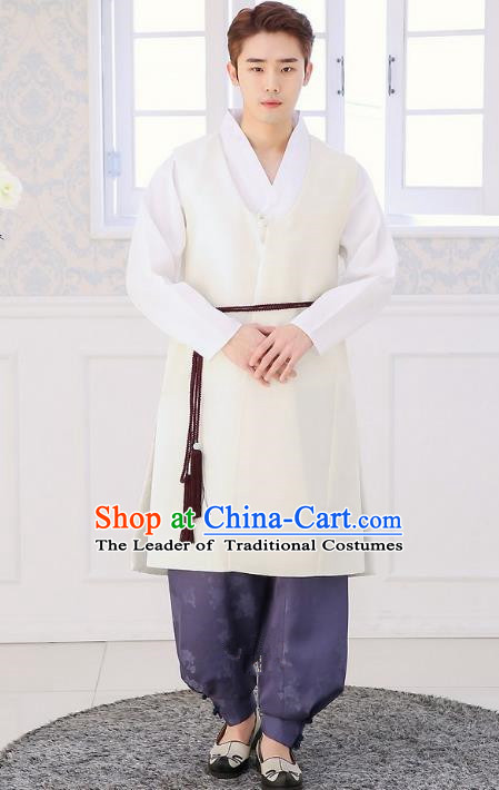 Asian Korean National Traditional Formal Occasions Wedding Bridegroom Embroidery White Long Vest Hanbok Costume Complete Set for Men