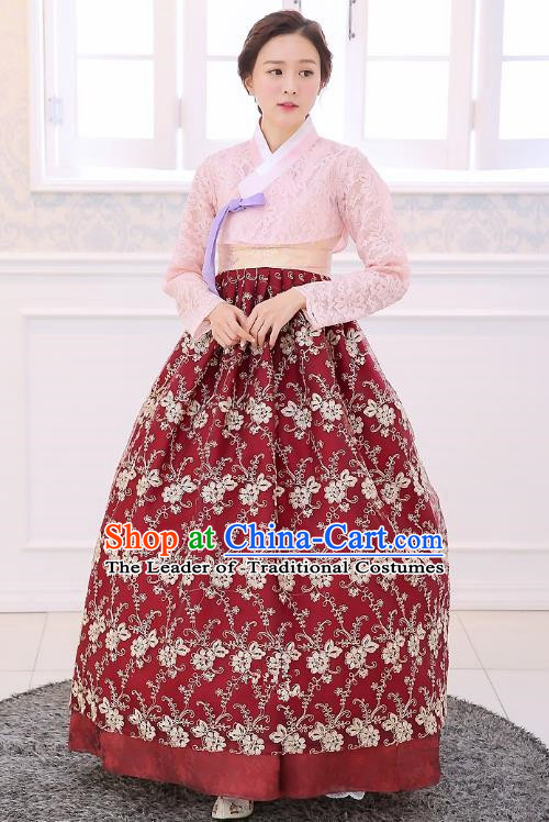 Top Grade Korean National Handmade Wedding Clothing Palace Bride Hanbok Costume Embroidered Pink Blouse and Red Dress for Women