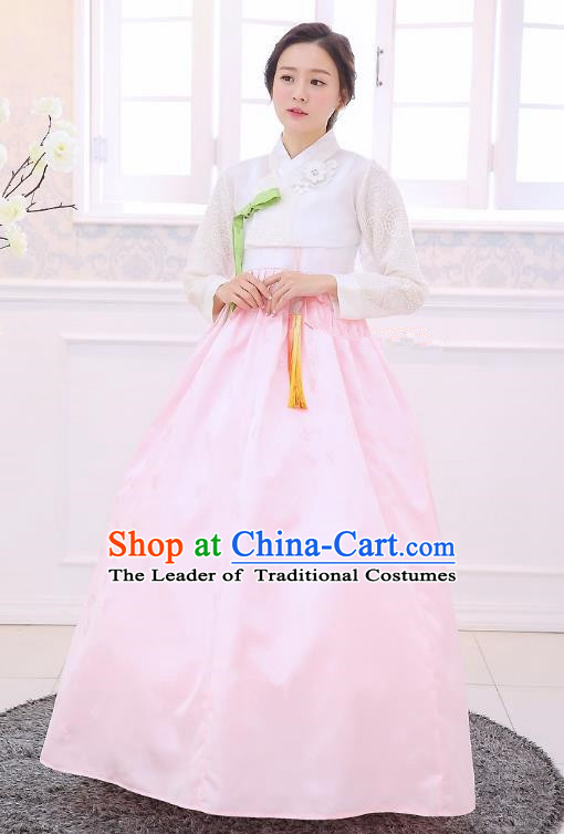 Top Grade Korean National Handmade Wedding Clothing Palace Bride Hanbok Costume Embroidered White Blouse and Pink Dress for Women
