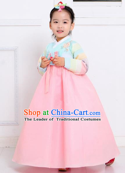 Top Grade Korean National Handmade Wedding Palace Bride Hanbok Costume Embroidered Green Blouse and Pink Dress for Kids