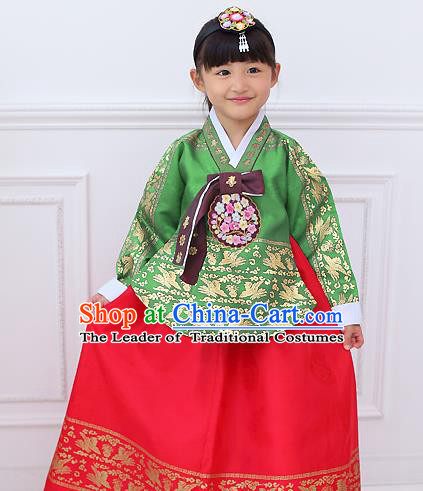 Top Grade Korean National Handmade Wedding Palace Bride Hanbok Costume Embroidered Green Blouse and Red Dress for Kids