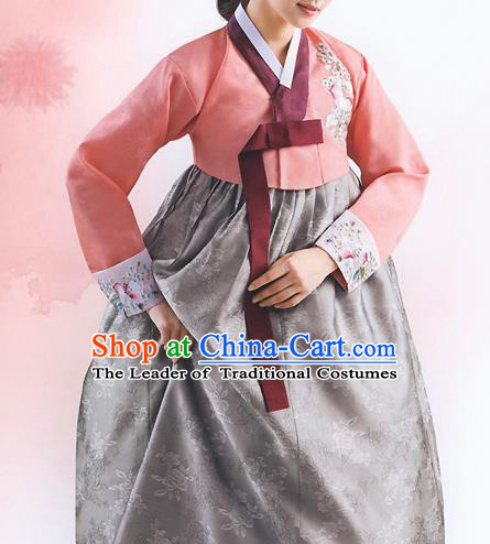 Top Grade Korean National Handmade Wedding Palace Bride Hanbok Costume Embroidered Orange Blouse and Grey Dress for Women