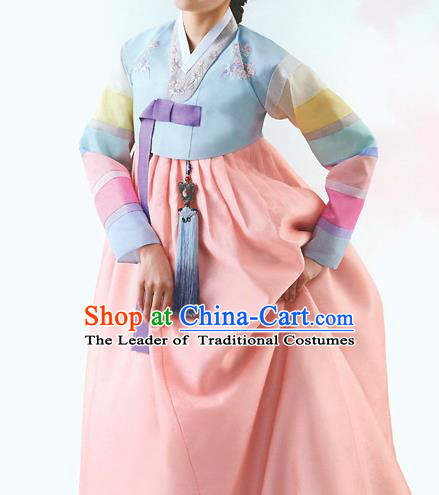 Top Grade Korean National Handmade Wedding Palace Bride Hanbok Costume Embroidered Blue Blouse and Orange Dress for Women