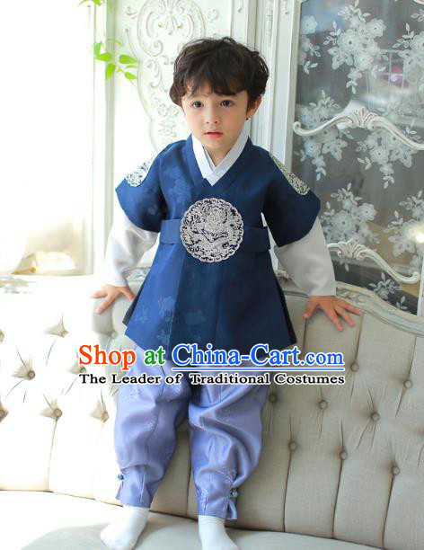 Asian Korean National Traditional Handmade Formal Occasions Boys Embroidery Clothing Deep Blue Vest Hanbok Costume Complete Set for Kids