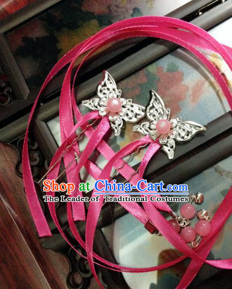 Traditional Chinese Ancient Classical Hair Accessories Butterfly Hair Clip Bride Rosy Ribbon Tassel Step Shake Hairpins for Women