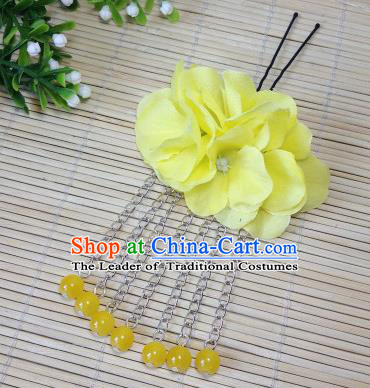 Traditional Chinese Ancient Classical Hair Accessories Yellow Flowers Beads Tassel Step Shake Bride Hairpins for Women