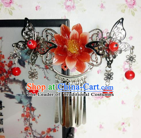 Traditional Chinese Ancient Classical Hair Accessories Princess Red Flower Hair Comb Tassel Step Shake Hairpins for Women