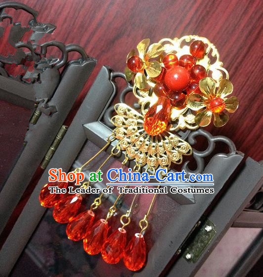 Traditional Chinese Ancient Classical Hair Accessories Bride Red Tassel Forehead Ornament Step Shake Hairpins for Women
