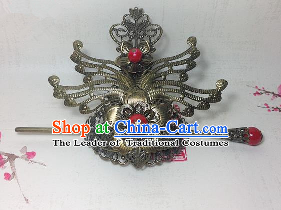 Traditional Handmade Chinese Classical Hair Accessories, Ancient Royal Highness Tuinga Red Beads Bronze Hairdo Crown for Men