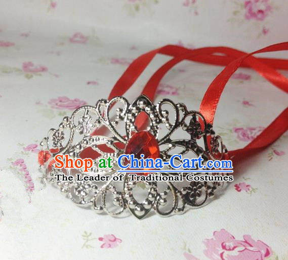 Traditional Handmade Chinese Classical Hair Accessories, Ancient Royal Highness Red Crystal Ribbon Headband Tuinga Hairdo Crown for Men
