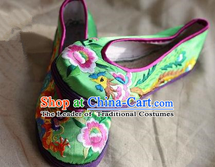 Asian Chinese Traditional Shoes Bride Green Embroidered Shoes, China Peking Opera Handmade Embroidery Phoenix Peony Shoe Hanfu Princess Shoes for Women