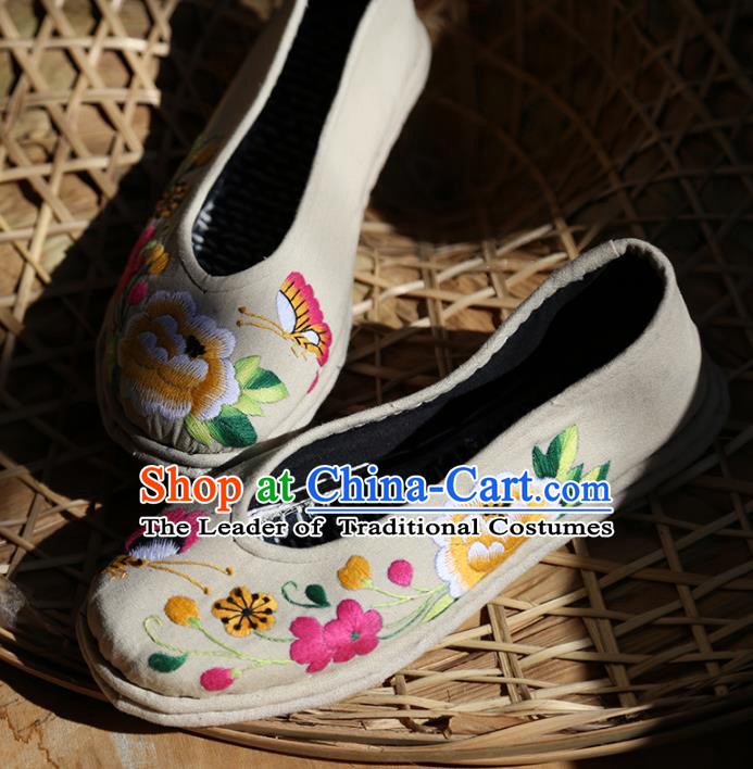 Asian Chinese Traditional Shoes Grey Embroidered Shoes, China Peking Opera Handmade Strong Cloth Soles Embroidery Shoe Hanfu Princess Shoes for Women