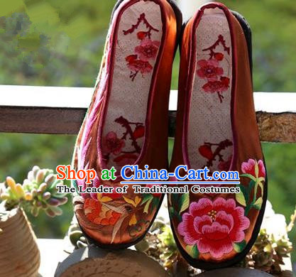 Asian Chinese Traditional Shoes Wedding Bride Brown Embroidered Shoes, China Handmade Embroidery Hanfu Shoes for Women
