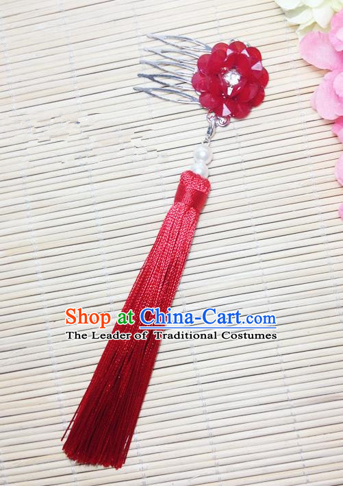 Traditional Chinese Ancient Classical Hair Accessories Hanfu Cheongsam Hair Comb Bride Red Tassel Hairpins for Women