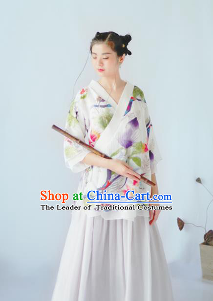 Asian China National Costume Hanfu Slant Opening Printing Flowers White Qipao Blouse, Traditional Chinese Tang Suit Cheongsam Shirts Clothing for Women