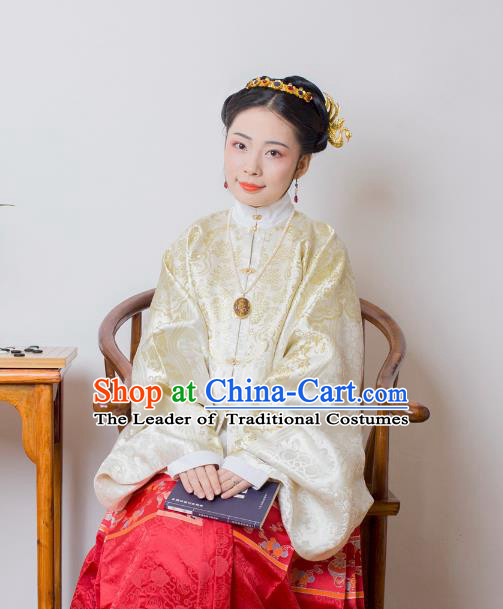 Asian China Ming Dynasty Palace Lady Costume White Brocade Wedding Blouse, Traditional Ancient Chinese Princess Hanfu Embroidered Clothing for Women