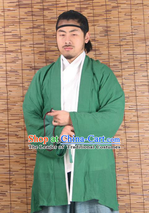 Asian China Ming Dynasty Swordsman Costume Green Shirts, Traditional Ancient Chinese Youxia Hanfu BeiZi Clothing for Men