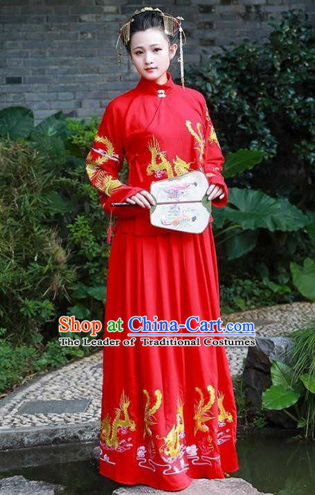Asian China Ming Dynasty Palace Lady Wedding Costume, Traditional Ancient Chinese Imperial Princess Hanfu Embroidered Red Clothing for Women