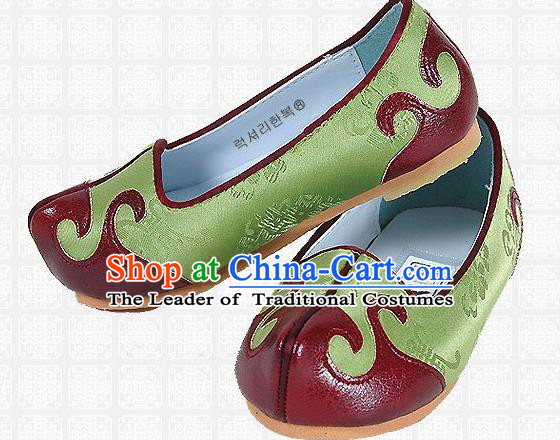 Traditional Korean National Embroidered Shoes, Asian Korean Hanbok Children Green Shoes for Boys