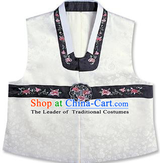 Traditional Korean Handmade Hanbok Embroidered White Vest, Asian Korean Apparel Hanbok Embroidery Bridegroom Waistcoat for Men