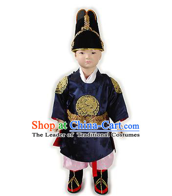 Traditional Korean National Handmade Court Embroidered Costume Boys Emperor Navy Robe, Asian Korean Hanbok Clothing for Kids
