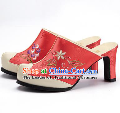 Traditional Korean National Wedding Watermelon Red Embroidered Shoes, Asian Korean Hanbok Bride High-heeled Shoes for Women