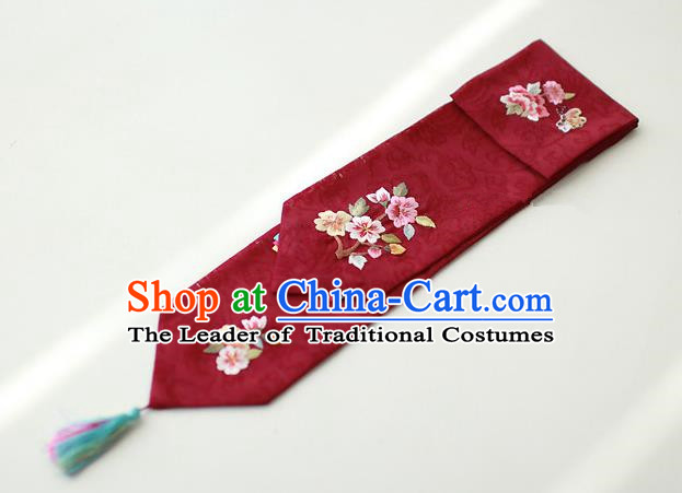 Traditional Korean Hair Accessories Embroidered Dark Red Hair Ribbon, Asian Korean Fashion Wedding Headband for Kids