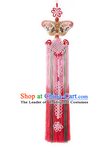 Traditional Korean Accessories Embroidered Butterfly Waist Pendant, Asian Korean Fashion Wedding Pink Tassel Waist Decorations for Women