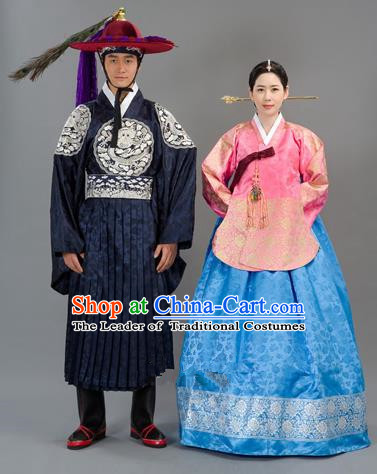 Traditional Korean National Handmade Court Embroidered Wedding Clothing, Asian Korean Bride Blue Dress Costume for Women