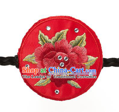 Traditional Korean Hair Accessories Embroidered Red Round Hair Clasp, Asian Korean Fashion Wedding Headband for Kids