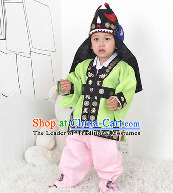 Traditional Korean Handmade Hanbok Embroidered Green Costume and Hats, Asian Korean Apparel Hanbok Embroidery Clothing for Boys