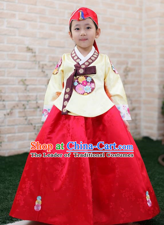Traditional Korean Handmade Formal Occasions Embroidered Girls Wedding Costume, Asian Korean Apparel Palace Hanbok Red Dress Clothing for Kids