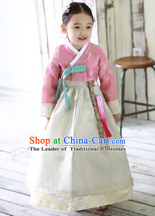 Traditional Korean Handmade Formal Occasions Embroidered Girls Wedding Costume Pink Blouse and White Dress Hanbok Clothing for Kids