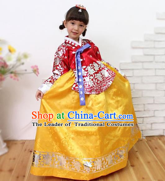 Traditional Korean Handmade Embroidered Formal Occasions Costume, Asian Korean Apparel Hanbok Yellow Dress Clothing for Girls