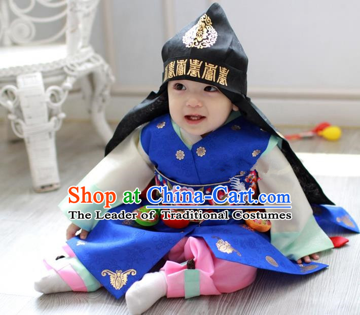 Traditional Korean Handmade Formal Occasions Embroidered Baby Prince Blue Hanbok Clothing
