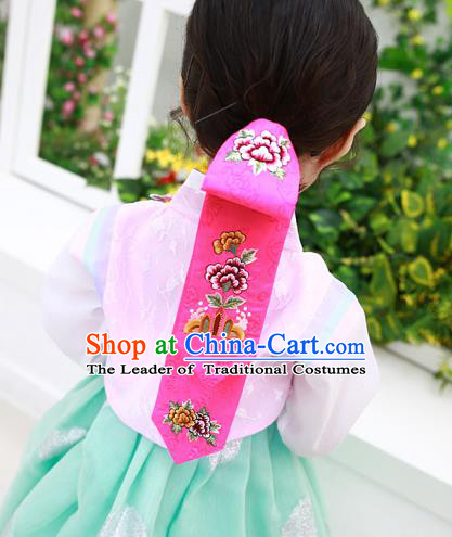 Traditional Korean Hair Accessories Palace Princess Embroidery Pink Hair Ribbons, Asian Korean National Fashion Children Headband for Girls