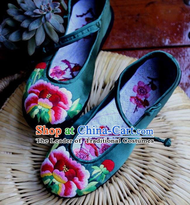 Traditional Chinese Ancient Princess Shoes Atrovirens Embroidered Boots, China Handmade Embroidery Peony Hanfu Shoes for Women