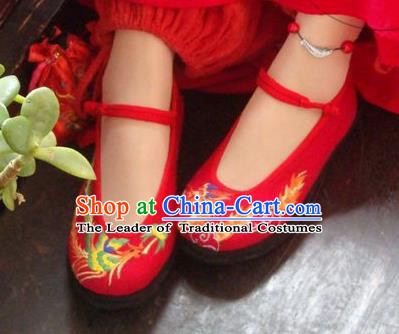 Traditional Chinese Ancient Princess Shoes Red Cloth Embroidered Shoes, China Handmade Embroidery Dragon and Phoenix Hanfu Shoes for Women