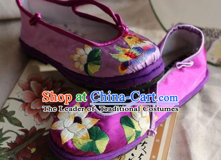 Traditional Chinese Ancient Princess Shoes Purple Cloth Embroidered Shoes, China Handmade Embroidery Lotus Hanfu Shoes for Women